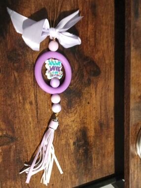 Purple and Pink Rearview Mirror Tassel Accessory with 'Love' Charm